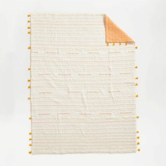 Crate & Barrel Kids Embroidered Voile Textured Stripe Peach Twin Quilt with Sham - Picture 4 of 11